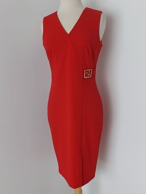 Calvin Klein Sleeveless Red Wrap Sheath Dress with CK Buckle